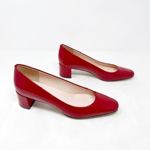 [J. Crew] Red Kate Shiny Patent Leather Square Toe Low Block Heel Pumps Size 8 - Picture 2 of 10